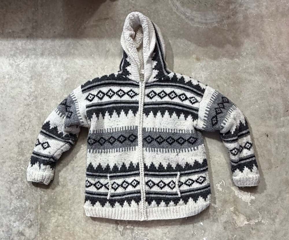 Handmade Wool Hooded Jacket Size L Black White Gray Geometric Pattern